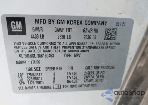 2021 Chevrolet Trailblazer Awd Lt из США, поврежденный, VIN KL79MRSL7MB169463